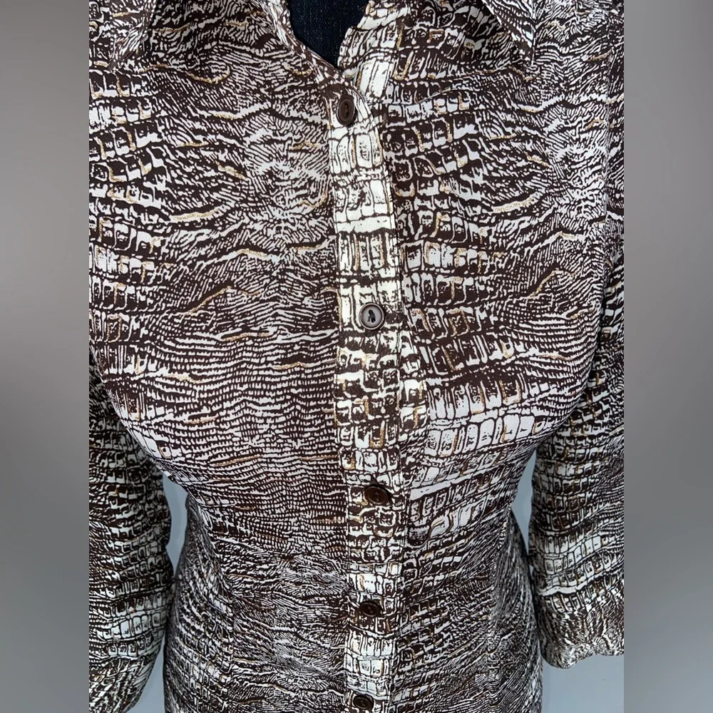 Short Sleeve Blouse Button Down Top Medium Brown Gold Metallic Sere Nade - Picture 5 of 10